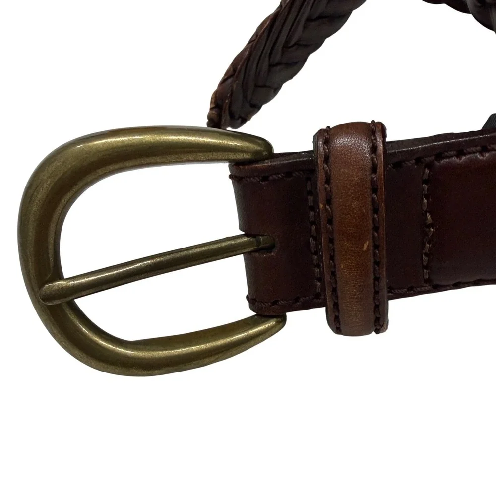 VTG Brighton Braided Woven Leather Belt Men 40 Brown Brass Buckle Casual Classic
